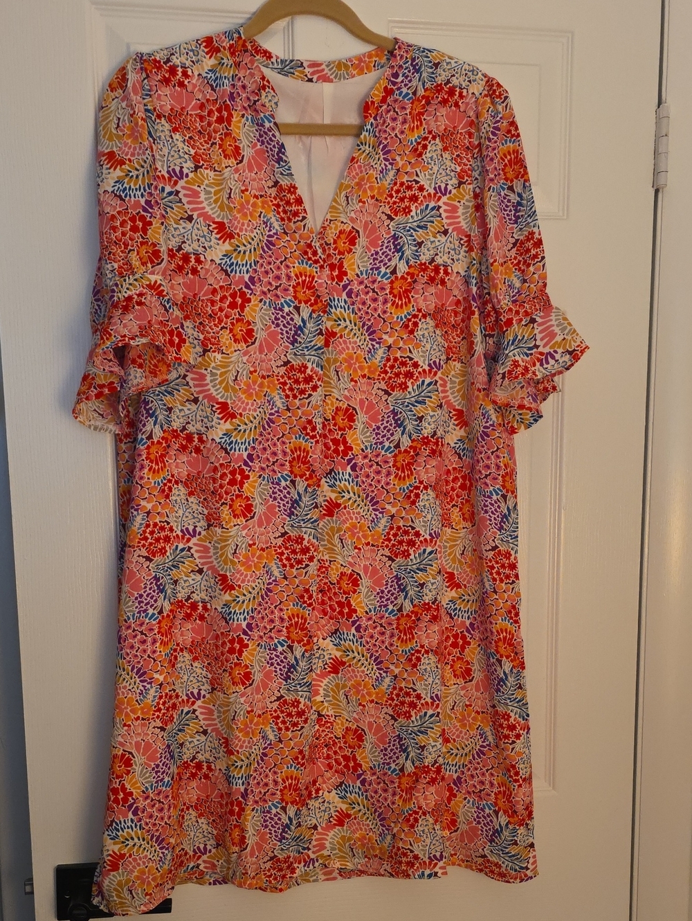 Floral Lined Midi Dress in Red & Orange Like New